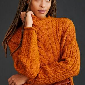 Anthropologie Mock Neck Cozy Gold Orange Cable Knit Sweater 1X
